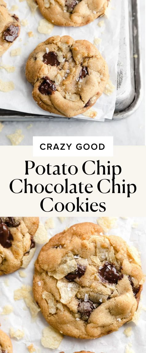 No need to choose between salty and sweet with these addicting potato chip chocolate chip cookies #saltysweet #chocolatechipcookies #unique Potato Chip Chocolate, Browned Butter Chocolate Chip Cookies, Best Potato Chips, Chocolate Potato Chips, Chocolate Covered Potato Chips, Paleo Chocolate Chip Cookies, Potato Chip Cookies, Lays Chips, Brown Butter Chocolate Chip Cookies