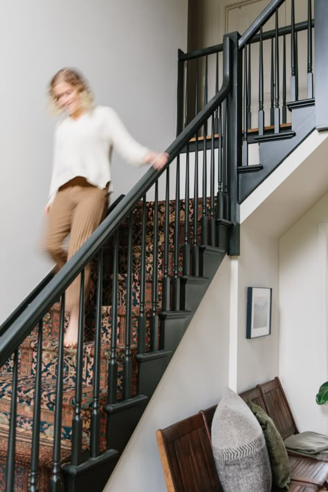 Black Stair Railing, Farmhouse Stairs, Black Staircase, Black Stairs, Painted Staircases, Moore House, Staircase Makeover, Painted Stairs, Floor Remodel