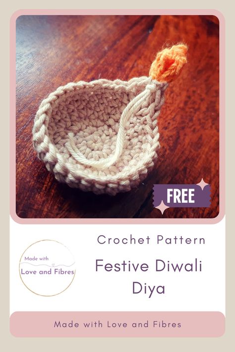 Festive Diwali Diya Free UK terms and US terms Crochet Pattern for a traditional looking Indian diya lamp ideal for decoration, ornament or family participation in ceremony created in smooth cotton dk yarn. Crochet Diwali Diya, Crochet Diya Holders, Crochet Diwali Items, Crochet Tealight Holder Free Pattern, Crochet Diwali Decoration, Diwali Crochet Ideas, Crochet Tea Light Holder, Wedding Rukhwat, Indian Crochet