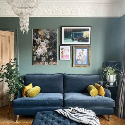 42 Peaceful Blue And Green Living Rooms - DigsDigs Farrow And Ball Living Room, Blue And Green Living Room, Dark Green Living Room, Sunny Room, Victorian Living Room, Cosy Living Room, Blue Sofa, Living Room Green, Blue Living Room