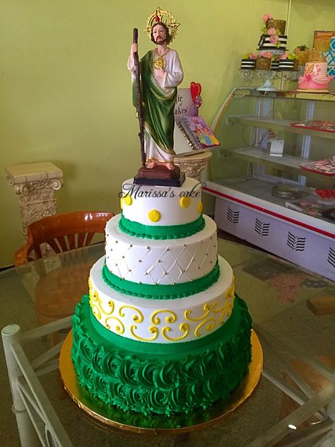 Saint Jude baptism cake. Visit us Facebook.com/marissa'scake or www.marissascake.com San Judas Party Ideas, San Judas Altar, Tequila Don Julio, Care Bear Cakes, St Judas, Mexican Cake, Confirmation Party, Rosary Case, Saint Jude