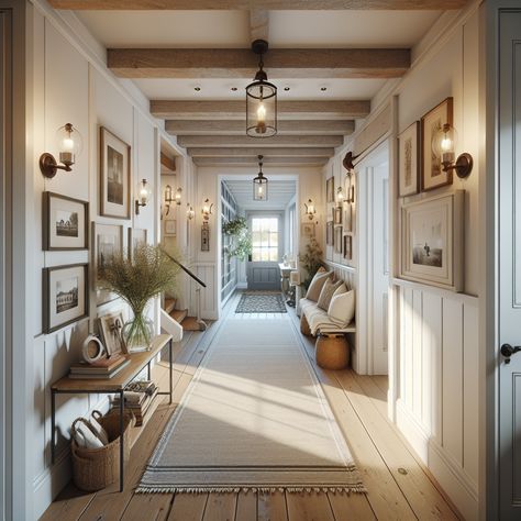 The hallway should be well lit with plenty of natural light, and contain features like rustic wooden floors, white walls with wall sconces, exposed beams on the ceiling, and quaint decor to bring in the cottage charm. There can be a small entryway table with a glass vase of fresh flowers and family photos. Sight of a cosy rug leading to a warmly inviting room at the end. Use this image to serve as a potential inspiration for a remodeling project. Square Foyer Entryway, Big Hallway, Foyer Seating, Country Hallway, Cottage Hallway, Style Hallway, Farmhouse Hallway, Long Hallways, Large Entryway