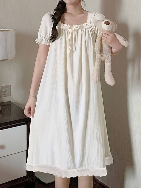 Sweet Solid Ribbed Ruffle Trim Nightgown Puff Sleeve Bow - Temu United Kingdom Princess Pijama, Cute Night Outfits, Ae Outfits, Cute Nightgowns, Cute Outfits With Jeans, Sleepwear Fashion, Preformance Outfits, Fashion Top Outfits, Korean Fashion Dress