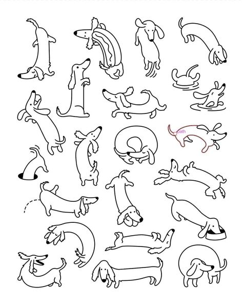 Micro Dachshund Tattoo, Weiner Dog Drawing Easy, Daschund Doodles, Simple Dachshund Drawing, Weenier Dog Tattoo, Cartoon Weiner Dog, Wiener Dog Cartoon, Daschund Drawing Illustration, Weener Dogs Drawing