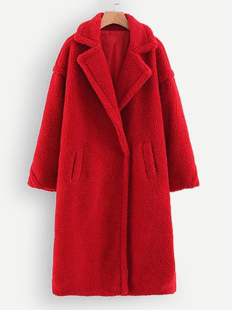 Pocket Front Solid Teddy Coat -SheIn(Sheinside) Gray Winter, Winter Outerwear, Vintage Long Sleeve, Teddy Coat, Red Coat, Long Winter, Outerwear Jackets, Tao, Fashion News