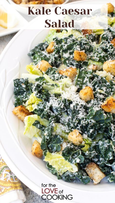 Indulge in a refreshing twist on the classic Caesar with our Lemony Kale Caesar Salad. This vibrant dish features a mix of chopped kale and romaine, all drizzled in a luscious creamy dressing. Enjoy the satisfying crunch of garlic and herb croutons, complemented by a generous sprinkle of freshly grated parmesan cheese. Perfect for salad enthusiasts and those looking for a quick, easy meal option. Kale And Romaine Caesar Salad, Lemon Kale Caesar Salad, Kale Caesar Salad Recipes, Crunchy Garlic, Recipe Kale, Kale Salads, Nelson Family, Chopped Kale, Kale Caesar