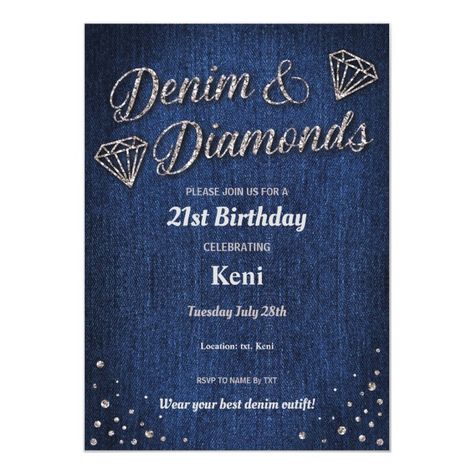 Birthday Party Blue Denim Silver Glitter Diamond Invitation | Zazzle.com Bling Birthday Party, Diamonds And Denim Party, Birthday Party Blue, Sweet 16 Party Invitations, 92nd Birthday, Denim Party, Western Birthday Party, Diamond Party, Western Birthday