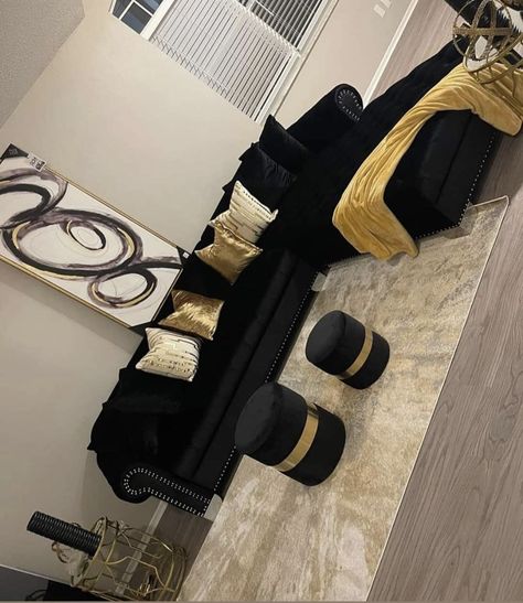 Black And Gold Bedroom Apartment, Gold And Black House Decor, Gold Theme Living Room Ideas, Black Gold White Living Room Ideas, Black And Gold Living Room Amazon, Black Gold And Silver Living Room Decor, Living Room Decor Black And Gold, Black Cream And Gold Living Room, Black White And Gold Living Room Ideas