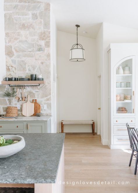 Remodel Project: Kitchen/Dining Room Reveal! – Design Loves Detail Stone Wall In Dining Room, Stone Wall Kitchen Backsplash, Cobblestone Backsplash, Stone Wall Dining Room, Kitchen With Stone Wall, Stone Wall In Kitchen, Limestone Backsplash Kitchen, Stone In Kitchen, Stone Veneer Backsplash