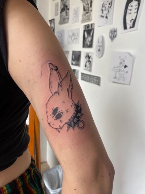 bunny tat Zombie Bunny Tattoo, Edgy Bunny Tattoo, Toy Bunny Tattoo, Cool Bunny Tattoo, Cute Scary Tattoos, Punk Rat Tattoo, Goth Bunny Tattoo, Creepy Bunny Tattoo, Bunny Head Tattoo