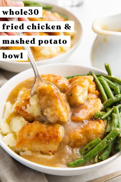 The ultimate Whole30 comfort food dinner! Creamy mashed potatoes topped with tender and crispy fried chicken bites, all smothered in a savory gravy. With a side of garlicky green beans, Whole30 never tasted so good. Whole30 Mashed Potatoes, Clean Eating Comfort Food, Whole 30 Potato Recipes, Paleo Dinner Recipes For Family, Whole 30 Side Dishes, Dinner Recipes Whole 30, Whole 30 Lunch Ideas, Whole 30 Easy, W30 Recipes