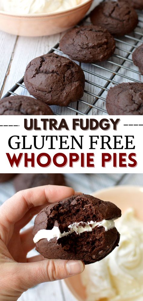 hand holding a chocolate whoopie pie Gluten Free Gingerbread Whoopie Pies, Gluten Free Whoopie Pie Recipe, Gluten Free Whoopie Pies, Gf Cake Recipe, Gf Bread Recipe, Whoopie Pie Recipe, Chocolate Whoopie Pies, Marshmallow Buttercream, Gluten Free Gingerbread