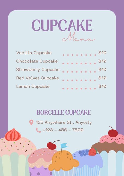 FREE Canva Template for Cupcake Menu Cake Price List Design Templates Free, Cupcake Menu Design, Cupcake Price List, Cake Price List, Cupcake Prices, Price List Design, Design Catalog, Purple Cute, Menu List