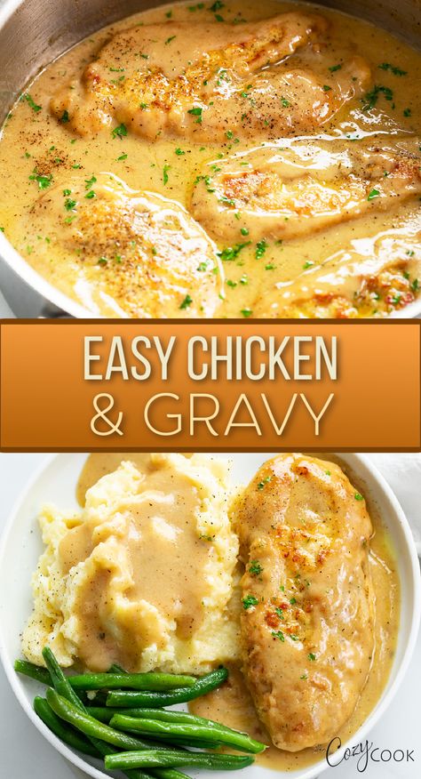 chicken and gravy with mashed potatoes and a side of green beans Homemade Chicken And Gravy, Easy Chicken Gravy, The Cozy Cook, Chicken Gravy Recipe, Chicken And Gravy, Cozy Cook, Homemade Gravy, Chicken Main Dishes, Gravy Recipes