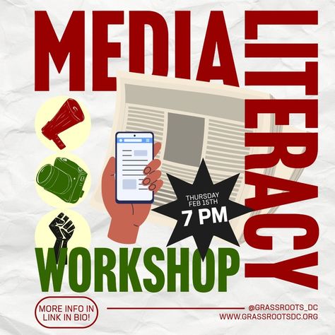 Join Grassroots DC for our Media Literacy Workshop! Deconstruct the mainstream media and learn to influence it. Come in person in the basement of the Anacostia Arts Center and get some food or join us online for food for thought! More info and RSVP @ link in bio! #medialiteracy Media Literacy, Lyrics Aesthetic, Arts Center, The Basement, Art Center, Food For Thought, Join Us, Literacy, Basement