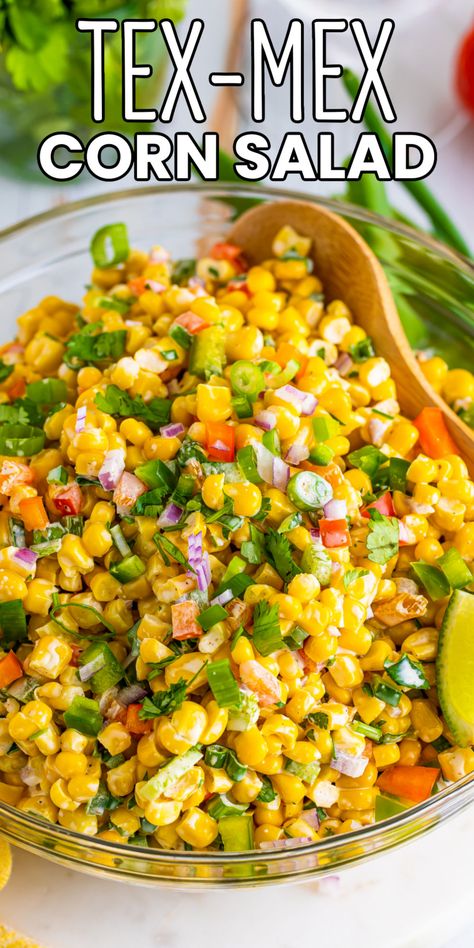 Tex-Mex Corn Salad has all of the big Southwest flavors you love with the perfect kick- this dish is a must-have side or topping to any meal! #BreadBoozeBacon #texmex #cornsalad #corn #salad #bellpepper #jalapeno #greenonion #redonion #dressing #sidedish #potluck #cookout #cincodemayo #4thofjuly Mexican Cookout Side Dishes, Corn Salad Side Dish, Peas Corn Green Bean Salad, Summer Cold Side Dishes, Side For Grilling Out, Side Dishes To Go With Mexican Food, Jalapeno Corn Recipes, Healthy Corn Side Dishes, Raw Corn Salad Recipe