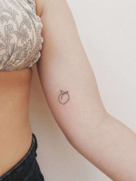 Cute Small Peach Tattoo, Matching Peach Tattoo, Peach Fruit Tattoo, Minimalist Fruit Tattoo, Mini Peach Tattoo, Peach Tattoo Fine Line, Minimal Fruit Tattoo, Minimalist Peach Tattoo, Peach Line Tattoo