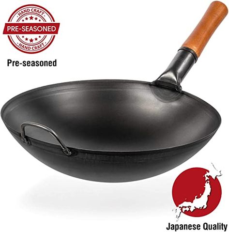 Amazon.com: Pre-Seasoned Carbon Steel Wok Pan - 14 “ Woks and Stir Fry Pans - Chinese Wok with Round Bottom Wok - Traditional Chinese Japanese Woks - Black Steel Wok: Kitchen & Dining Best Wok, Carbon Steel Wok, Wok Pan, Cast Iron Wok, Arroz Frito, Door Kitchen, Healthy Meals To Cook, Woks, Cookware Sets