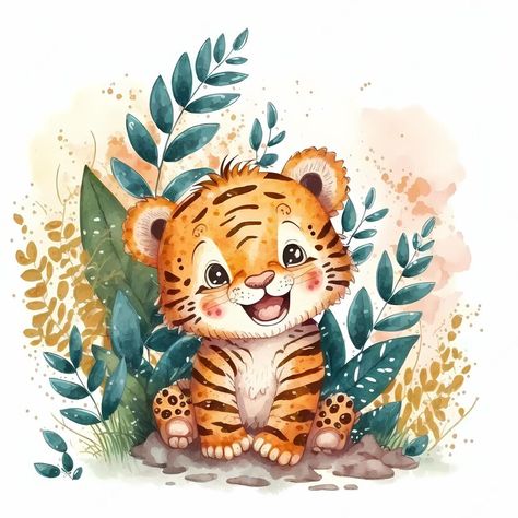 Baby Tiger Illustration, Tiger Fabric, Tiger Illustration, Cute Tiger, Cute Animal Illustration, Baby Tiger, Cute Tigers, Pencil Drawings Easy, Fabric Panel