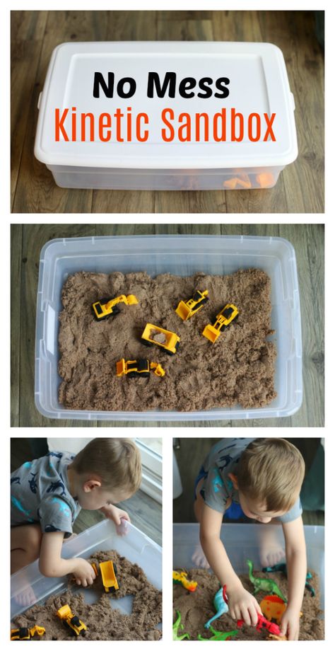 The ultimate toddler mom hack! Fill a tote with kinetic sand, mini dump trucks or dinosaurs for hours of inside sensory play! Kinetic Sand Box, Kinetic Sand Table, Toddler Sandbox, Indoor Sandbox, Cute Diy Ideas, Diy Kinetic Sand, Diy Sandbox, Kids Sandbox, 3 Cake