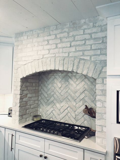 Brick Arch Over Kitchen Stove, Range Surround Ideas, Brick Stove Hood, Brick Vent Hood Kitchen, Brick Behind Stove In Kitchen, Brick Kitchen Hood, Stove Surround Ideas, Brick Range Hood, Hoods Over Stoves