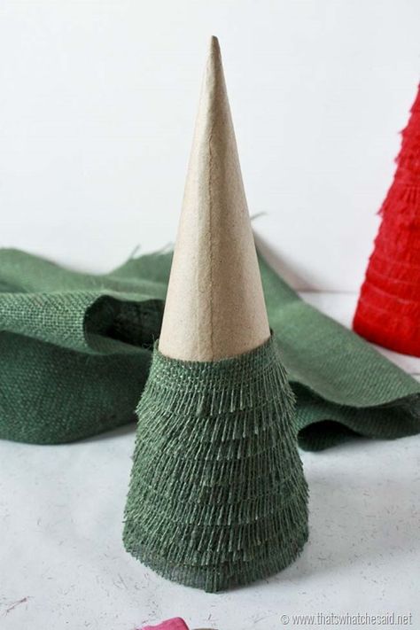 Burlap Christmas Tree Decorations, Foam Cones Christmas Tree, Burlap Christmas Tree Decorations Diy, Christmas Tree Decorations Burlap, Burlap Christmas Tree Ornaments Diy, Burlap Ribbon Christmas Tree Easy Diy, Burlap Christmas Decorations, Burlap Trees, Burlap Christmas Tree