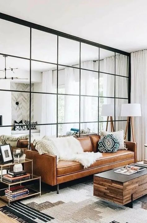 10 Ways to Make a Room Look Bigger With Mirrors  - Bark and Chase Modern Family Rooms, Interior Wall Design, Living Room Diy, Contemporary Living Room, Ideas Living, Small Living Room, Contemporary Living, Living Room Inspiration, Living Room Interior