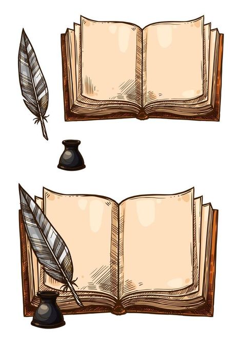 Vector old books and ink quill feather pens Open Book Drawing, Ink Quill, Feather Pens, Book Manuscript, Quill And Ink, Sketch Icon, Old Paper Background, Feather Pen, Bible Images