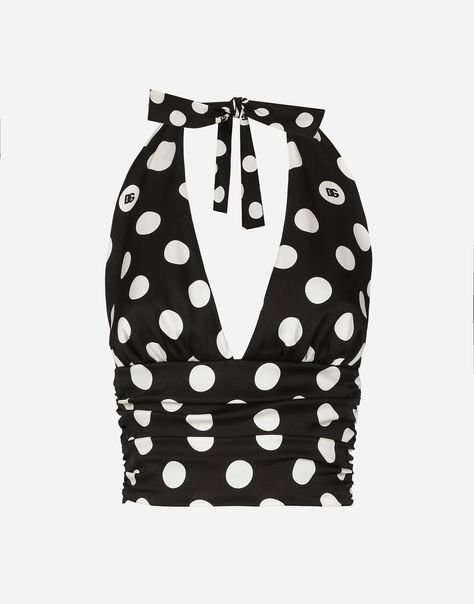 Polka-dot charmeuse top with plunging neckline Betty Boop Fashion, White Polka Dot Top Outfit, Preppy Inspo, Edgy Glam, Silk Halter Top, Polka Dot Crop Top, White Fits, Silk Crop Top, Gucci Top