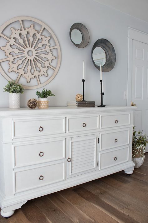 white-dresser-makeover White Dresser Redo, Refinished White Dresser, Decorating Above Dresser, Broyhill Dresser Makeover, Diy White Dresser Makeover, Diy Dresser Makeover White, White Dresser Diy, Dresser Makeover White, White Dresser Makeover