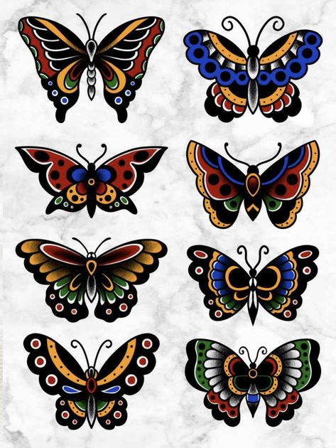 American Traditional Tattoos Butterfly Color, Butterfly Tattoo Old School Color, Colorful Old School Tattoos, Tradional Butterfly Tattoo, New School Butterfly Tattoo, Small Traditional Butterfly Tattoo, Coloured Traditional Tattoo, Colourful Traditional Tattoo, American Traditional Butterfly Flash