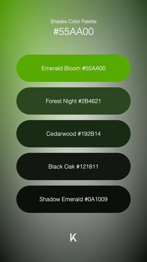 Shades Color Palette Emerald Bloom #55AA00 · Forest Night #2B4621 · Cedarwood #192B14 · Black Oak #121811 · Shadow Emerald #0A1009 Black And Green Color Palette, Colour Pallets, Hex Color Palette, Forest Night, Hex Colors, Green Colour, Color Pallets, Design Color, Unique Colors