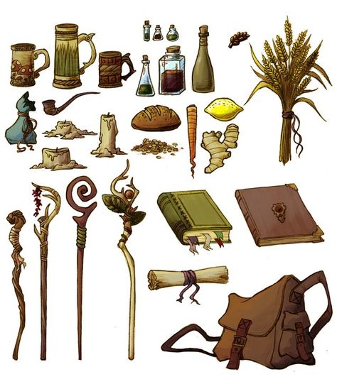 D and D Props by grumble-bee mug pipe sack bag candle carrot bread lemon wheat staff potion of healing poison bottle flask book tomb journal scroll spellbook equipment gear magic item | Create your own roleplaying game material w/ RPG Bard: www.rpgbard.com | Writing inspiration for Dungeons and Dragons DND D&D Pathfinder PFRPG Warhammer 40k Star Wars Shadowrun Call of Cthulhu Lord of the Rings LoTR + d20 fantasy science fiction scifi horror design | Not Trusty Sword art: click artwork for source Props Concept, D D Items, Props Art, Fantasy Props, Prop Design, Naha, Arte Fantasy, 판타지 아트, Boat Building