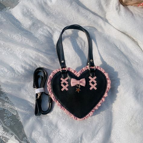 Japanese Handbag, Heart Knot, Love Shape, Heart Bag, Changing Bag, Kawaii Fashion, Black Handbags, Pink Lace, Pixie Cut