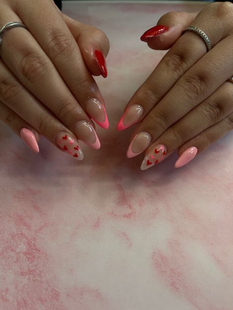 Nail Ideas For Valentines Day Almond, Valentine’s Day Oval Nails, Valentine’s Day Nail Almond, Cute Almond Valentines Nails, Nail Inspo Almond Valentines, Trendy Valentines Day Nails Almond, Almond Nail Inspo Valentines Day, Clean Valentines Day Nails, Purple And Pink Valentines Day Nails