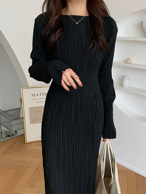 Black Pleated Dress, Black Dress With Sleeves, Women Sweaters Winter, Bodycon Maxi Dresses, Pleated Midi Dress, Sweater Dress Women, Long Black Dress, Stretch Dress, Solid Dress