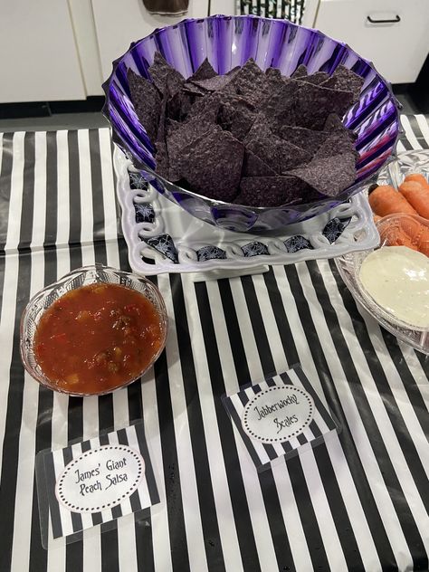 Tim Burton Themed Party Food, Tim Burton Food Ideas, Tim Burton Food, Corpse Bride Party, Tim Burton Party, James And Giant Peach, Blue Corn Chips, Peach Salsa, Bride Party