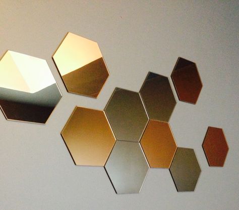 Honefoss IKEA mirrors Honefoss Mirror Ideas, Mirror Ideas Bedroom, Hexagon Mirror Wall Decor, Mirror Wall Decor Bedroom, Ikea Mirrors, Honeycomb Mirror, Nanoleaf Lights, Hexagon Decor, Hexagon Mirror