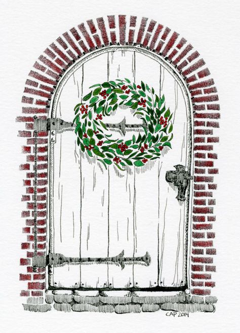 Christmas Door Drawing, Christmas Door Illustration, Door Paintings, January Bujo, Door Drawing, Pinterest Christmas Crafts, Diy Christmas Door Decorations, Christmas Contests, Christmas Sketch