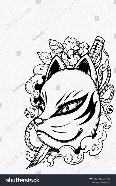 Kitsune Mask Design, Kitsune Mask Drawing, Demon Slayer Kitsune Mask Tattoo, Japanese Kitsune Mask Tattoo, Kitsune Mask Tattoo Design, Kitsune Mask Tattoo, Kitsune Mask Tattoo Traditional, Anbu Tattoo, Traditional Japanese Kitsune Mask Tattoo