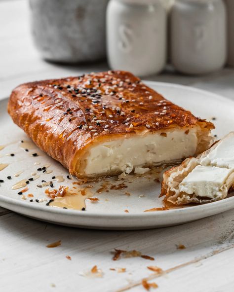 Feta Cheese with Phyllo, Honey & Sesame Seeds | Culinary Cartel Flavour Pairing, Greek Cheese, Brunch Desserts, Honey Sesame, Quick And Easy Soup, Greek Flavors, 5 Ingredient Recipes, Delicious Donuts, Oven Recipes