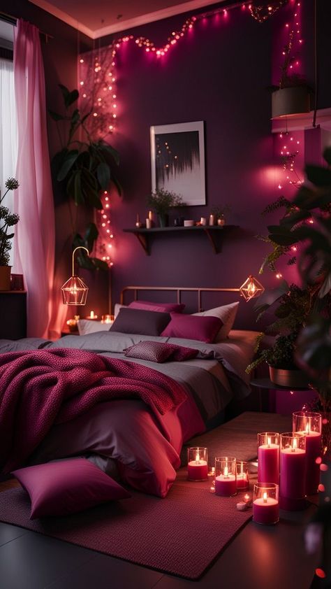 Purple And Red Bedroom Ideas, Pink And Purple Aesthetic Room, Pink Bedroom With Plants, Bedroom Themes Color Schemes, Dark Purple Walls Bedroom, Dark Pink Bedroom Ideas, Moody Pink Bedroom, Purple Walls Bedroom Ideas, Purple Wall Bedroom