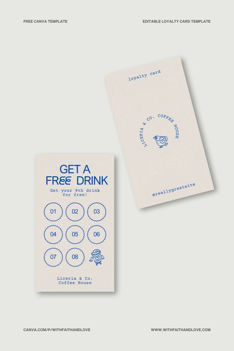 Delight your customers and boost loyalty with our charming Blue and Beige Vintage Coffee Shop Loyalty Card Template! This free Canva template is perfect for small coffee shop owners looking to reward their loyal patrons stylishly. The design features adorable coffee cup characters and easy-to-use stamp spaces for tracking purchases. Customize it to match your café's unique style and atmosphere. A simple yet effective tool to keep your customers coming back for more! Hotel Key Card Design Ideas, Cafe Template Design, Coffee Business Card Design, Cafe Loyalty Card Design, Blue Coffee Shop Design, Loyalty Stamp Card Design, Canva Business Cards Ideas, Coffee Shop Loyalty Card, Rewards Card Design