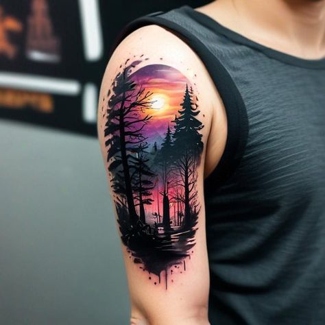 Sunset Memorial Tattoo, Fall Scene Tattoo, Sunset Tattoo Ideas, Tree Silhouette Tattoo, Sky Tattoos, Steampunk Tattoo, Scene Tattoo, Majestic Tree, Sunset Tattoos