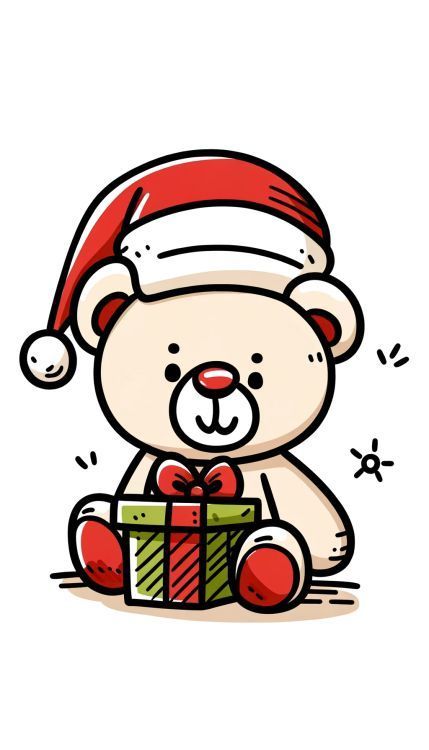 Create an image of a cuddly teddy bear wearing a Santa hat, holding a wrapped Christmas gift with a bow. The bear should have a soft, plush appearance with gentle lines and a warm, smiling face. Include small accent details like festive sparkles or stars around the bear to enhance the cheerful mood, all set against a clean white background for a heartwarming Christmas teddy bear card. Christmas Card Drawing Ideas, Christmas Card Drawing, Card Drawing Ideas, Teddy Bear Card, Christmas Drawing Ideas, Polar Bear Card, Teddy Bear Drawing, Santa Cartoon, Drawing Ideas For Kids