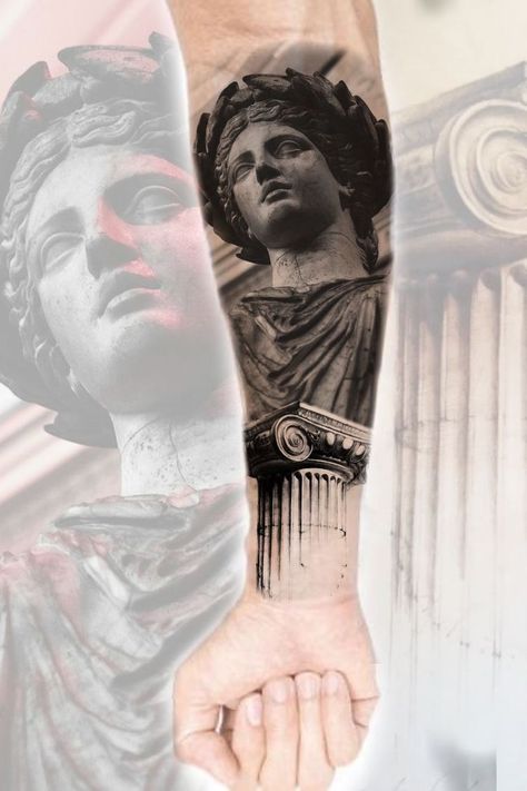 Full Tattoo Sleeve, Greek Statue Tattoo, Greek Tattoo Design, Greek Goddess Tattoo, Roman Tattoo, Atlas Tattoo, Left Arm Tattoos, Half Sleeve Tattoos Forearm, Back Of Arm Tattoo