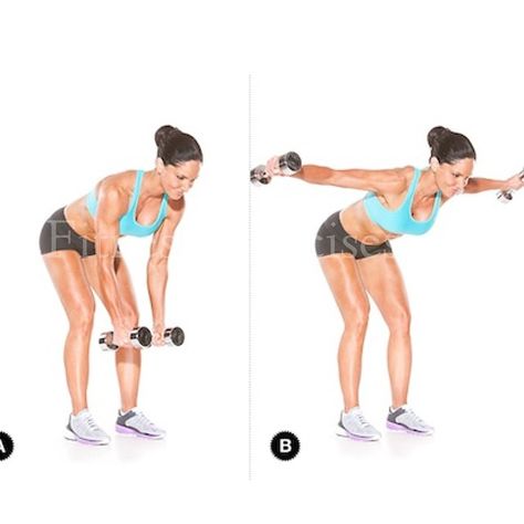 ⚫️Bent-Over Reverse Fly  Works: Shoulders and upper back Holding a dumbbell in each hand, stand with the knees slightly bent. Keeping your back flat, bend forward at the hip joint. Exhale and lift both arms to the side, maintaining a slight bend in the elbows and squeezing your shoulder blades together. Then, with control, lower the dumbbells back toward the ground. This completes one rep. Complete two to three sets of 10 to 12 reps.#fitnessexercises Best Shoulder Workout, Rear Delt, Body Fitness, Back Exercises, Shoulder Workout, Band Workout, Arm Workout, Fitness Beauty, 21 Days