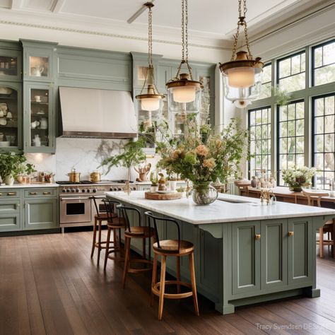 Shenandoah Kitchen Cabinets, Sage Green Kitchen, Green Kitchen Cabinets, Farmhouse Kitchen Design, Green Cabinets, Beautiful Kitchen, Kitchen Inspiration Design, Modern Farmhouse Kitchens, French Farmhouse