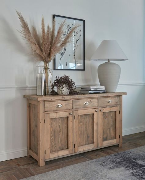 Arighi Bianchi on Instagram: “Is there anything better than neutral tones & organisation all in one place?...⁠ ⁠ Shop our Indiana Sideboard (SKU 289419) in our sale…” How To Style A Hallway Cabinet, Coastal Vase, Rustic Bedrooms, Hall Ways, Sideboard Styles, Entry Room, Rustic Sideboard, Luxurious Dining Room, Sideboard Decor