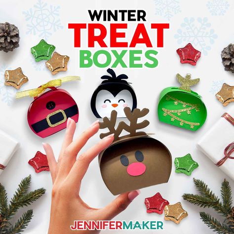 Winter Treat Boxes: Cute Party Favor or Gift Box SVGs Christmas Treat Boxes Cricut, Christmas Day Countdown, Treat Boxes Diy, Holiday Place Cards, Craft Organization Diy, Paper Flower Wall Art, Diy Sharpie Mug, Jennifer Maker, Christmas Treats Boxes